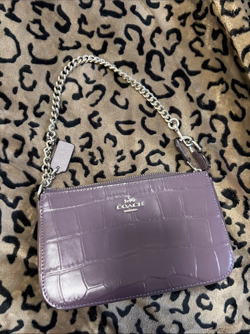 Coach Purple Croc-Embossed Leather Mini Shoulder Bag with Silver Chain